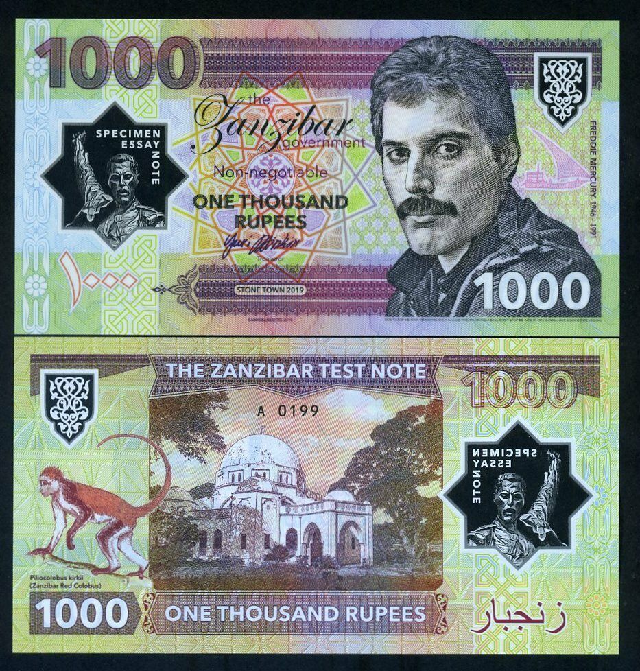 Zanzibar, 1000 Rupees, 2019 Essay Private Clear Window Polymer - Freddie Mercury