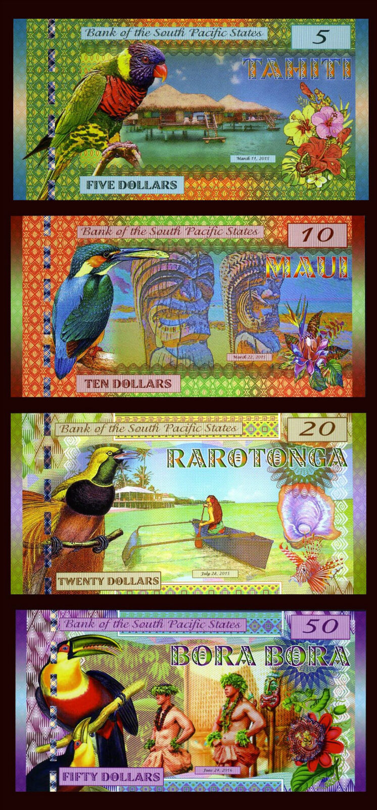 Set, South Pacific States, $5;$10;$20;$50 2015-2016, Polymer, Unc